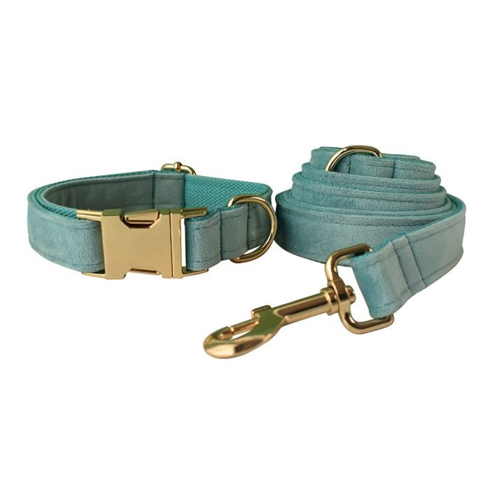 Blue Velvet Bowtie Dog Collar and Leash Set