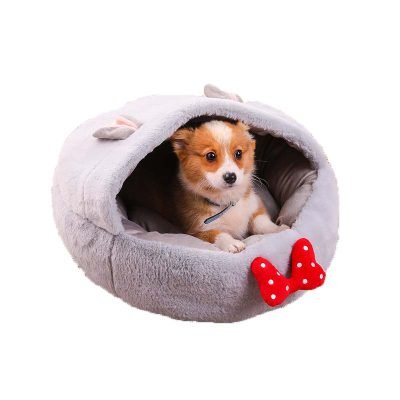 Rabbit Fur Donut Bed With Hood-Light Grey