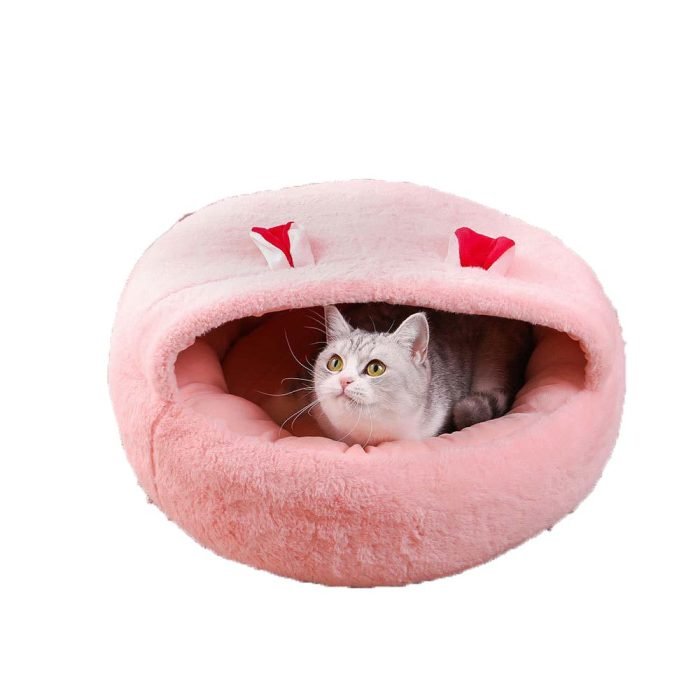 Rabbit Fur Donut Bed With Hood-Pink