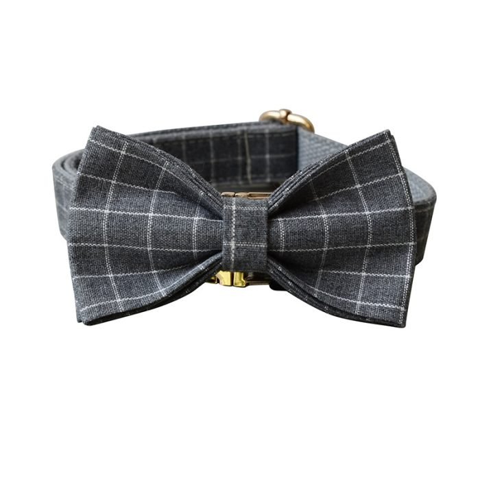 Grey Plaid Bowtie Dog Collar and Leash Set