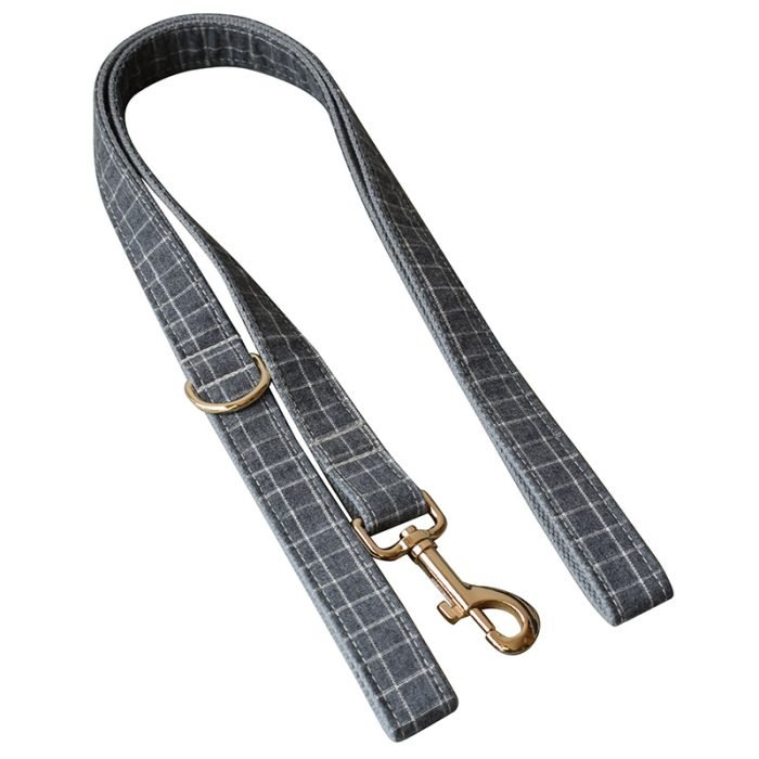 Grey Plaid Bowtie Dog Collar and Leash Set