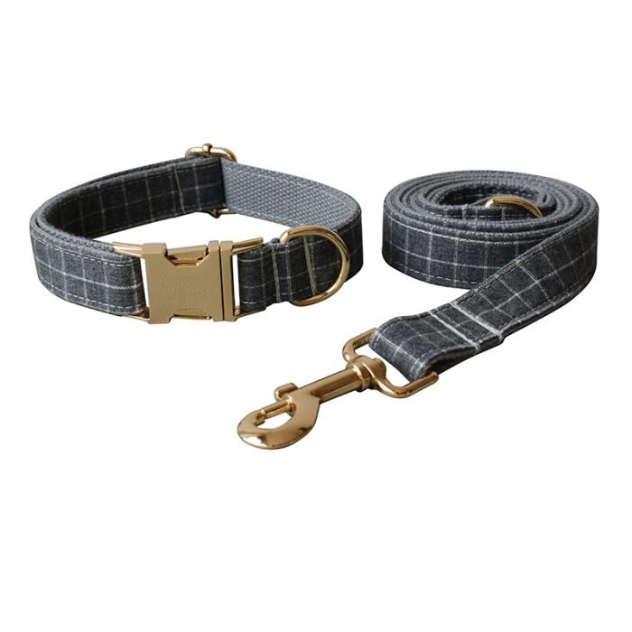Grey Plaid Bowtie Dog Collar and Leash Set