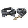 Grey Plaid Bowtie Dog Collar and Leash Set
