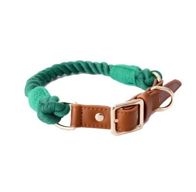 Handmade Leather Knitted Dog Collar-Green