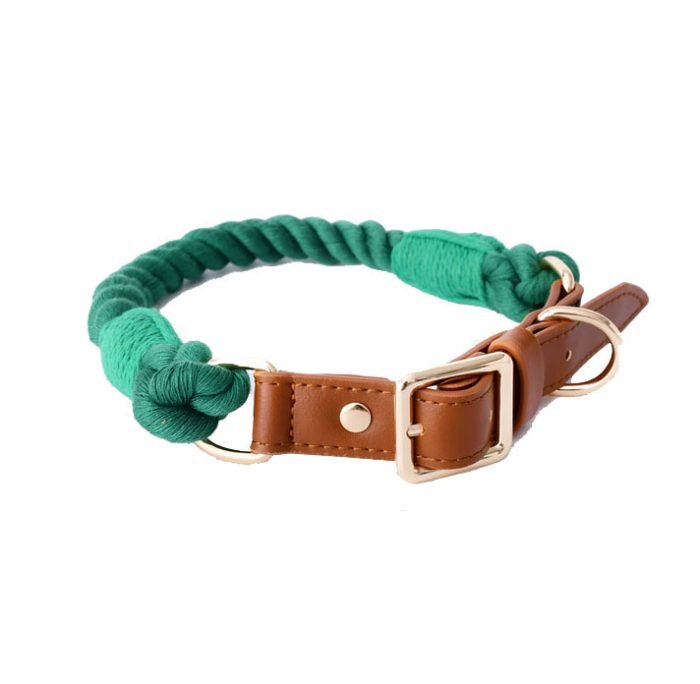 Handmade Leather Knitted Dog Collar-Green
