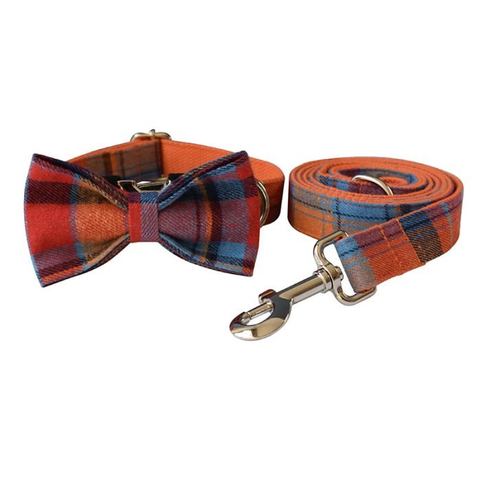 Orange Plaid Dog Collar and Leash Set