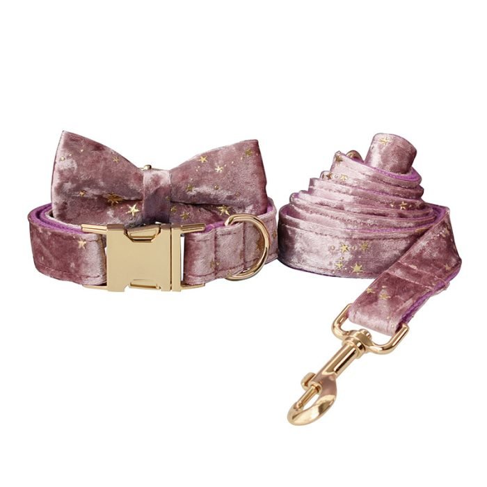 Pink Star Bowtie Dog Collar and Leash Set