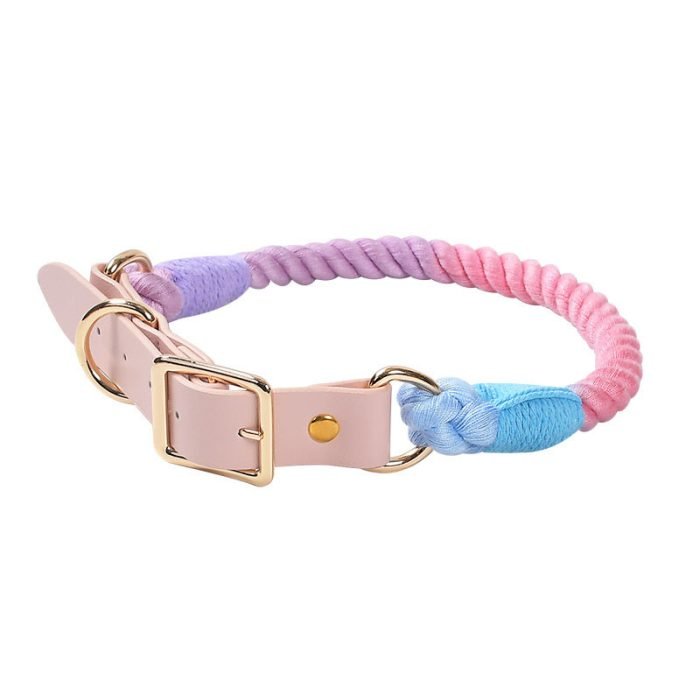 Handmade Leather Knitted Dog Collar-Purple Pink Blue