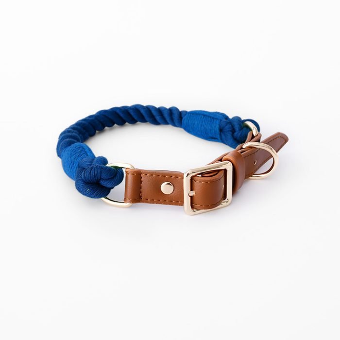 Handmade Leather Knitted Dog Collar-Blue