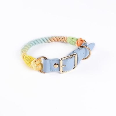 Handmade Leather Knitted Dog Collar-Light Blue Leather