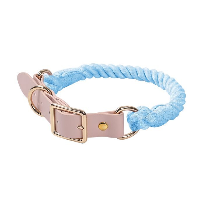 lesleypet-dog collar (7) Handmade Leather Knitted Dog Collar-Light Blue