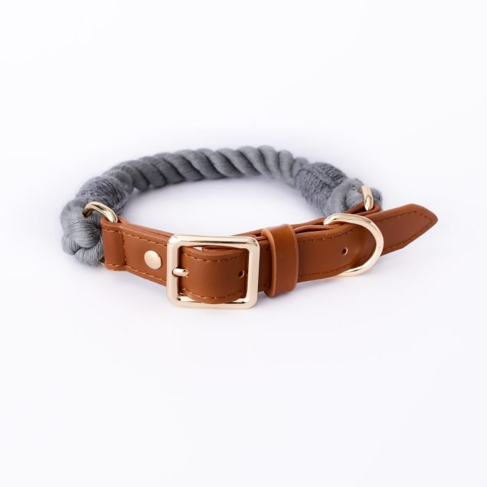 Handmade Leather Knitted Dog Collar-Grey